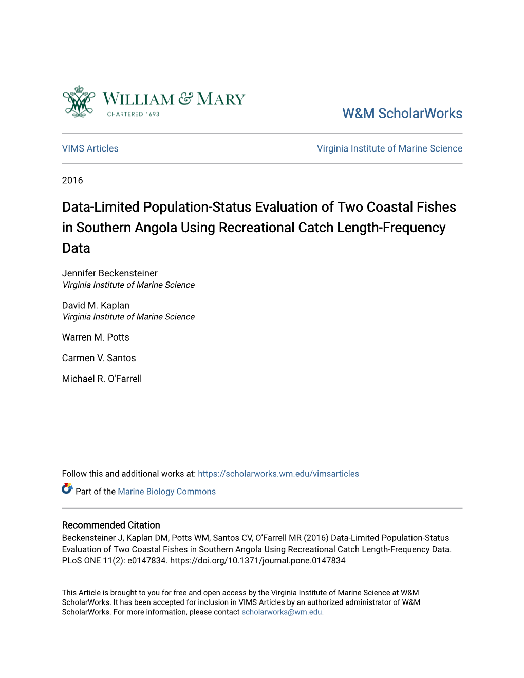 Data-Limited Population-Status Evaluation of Two Coastal Fishes in Southern Angola Using Recreational Catch Length-Frequency Data