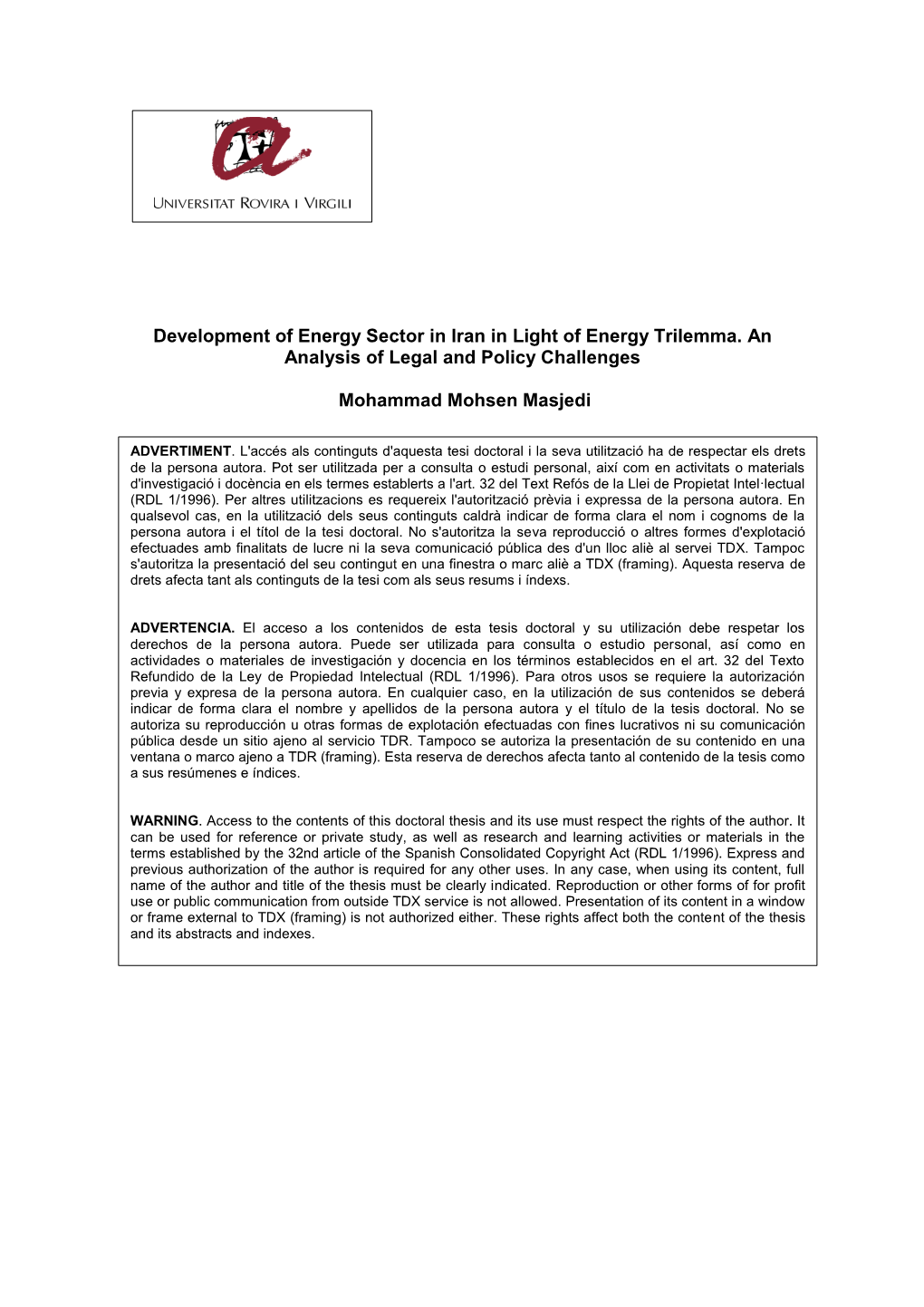 Development of Energy Sector in Iran in Light of Energy Trilemma. an Analysis of Legal and Policy Challenges