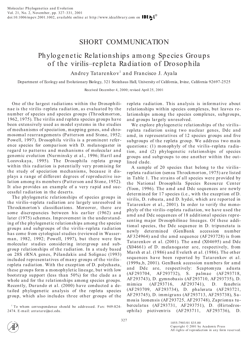 Phylogenetic Relationships Among Species Groups of the Virilis-Repleta