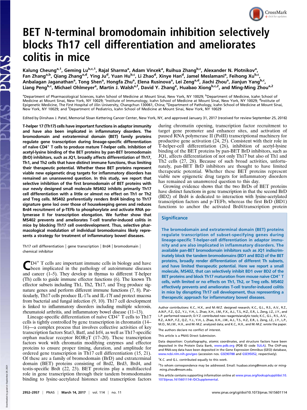 BET N-Terminal Bromodomain Inhibition Selectively Blocks Th17 Cell Differentiation and Ameliorates Colitis in Mice