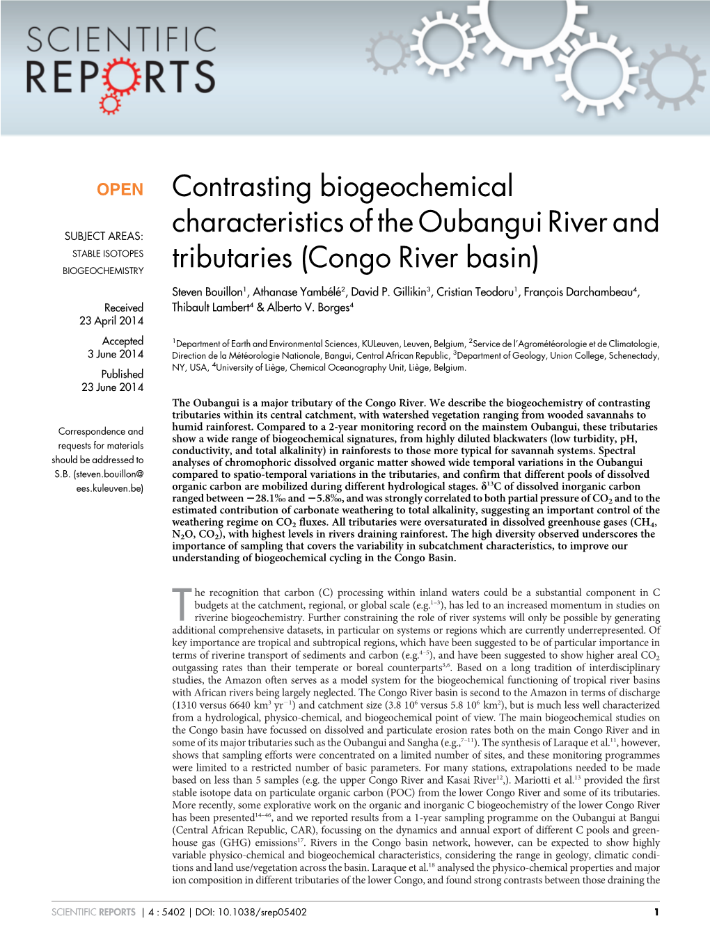 Congo River Basin) Steven Bouillon1, Athanase Yambe´Le´2, David P