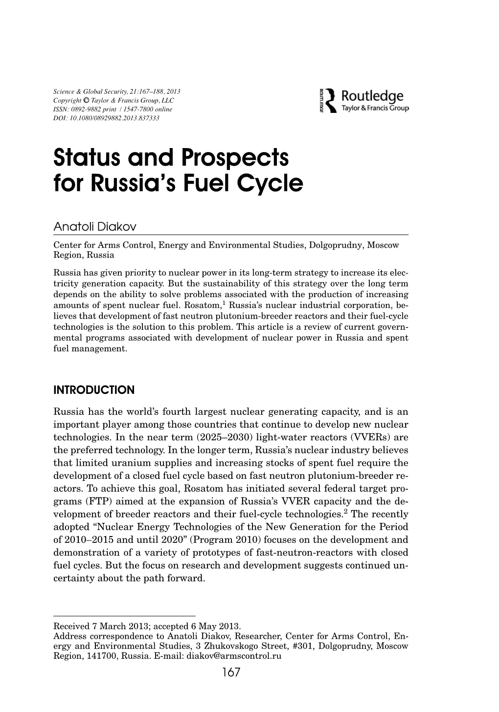 Status and Prospects for Russia's Fuel Cycle