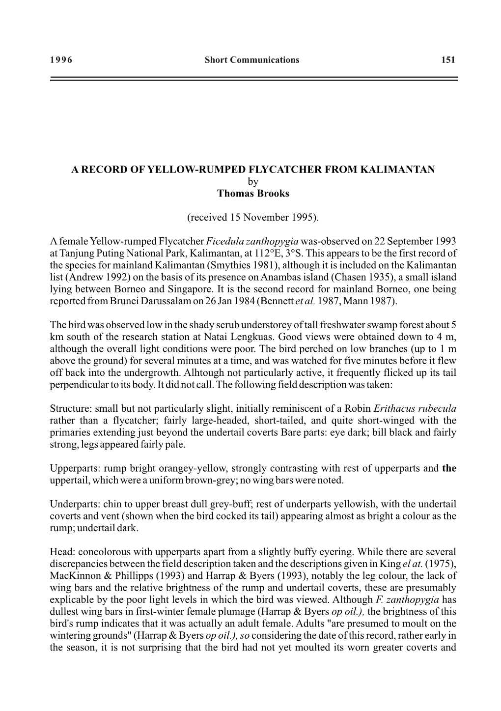 A RECORD of YELLOW-RUMPED FLYCATCHER from KALIMANTAN by Thomas Brooks