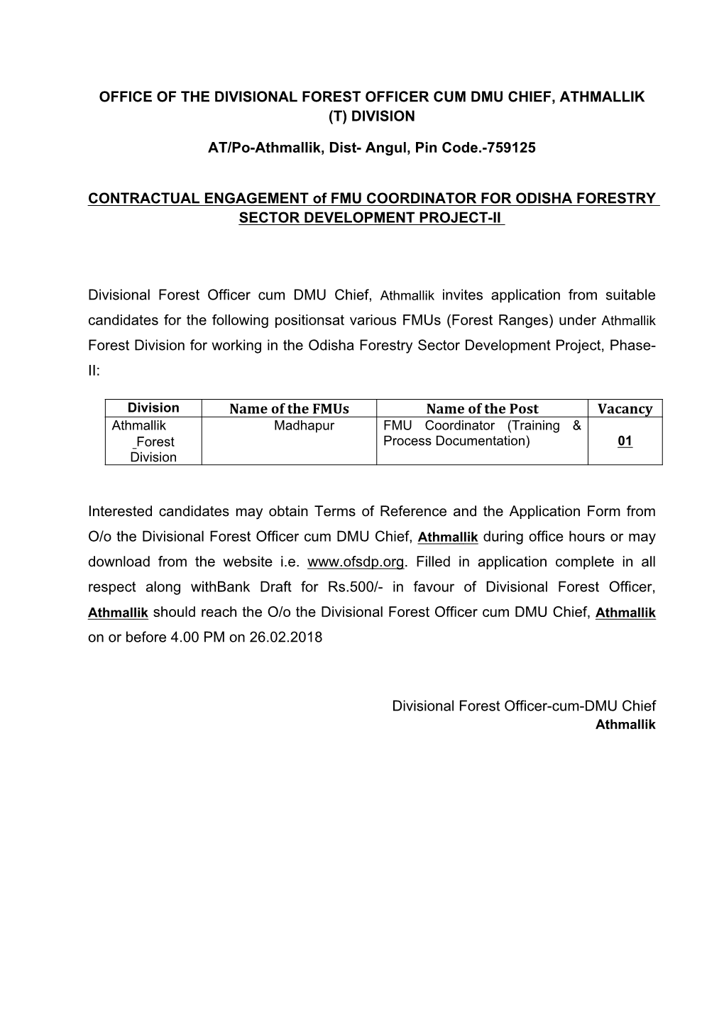 Office of the Divisional Forest Officer Cum Dmu Chief, Athmallik (T) Division