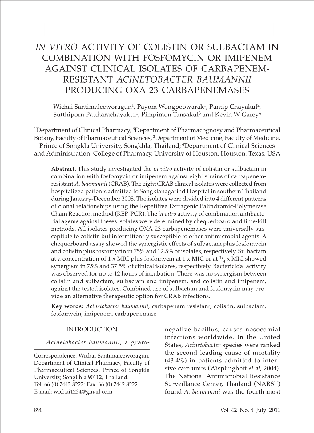 In Vitro Activity of Colistin Or Sulbactam In