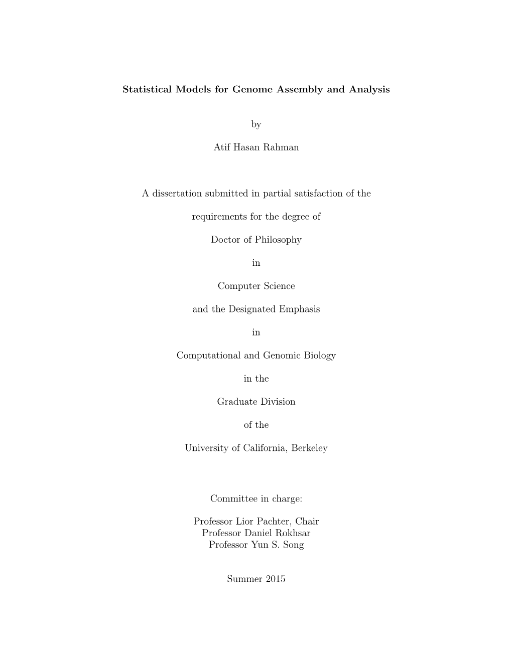 Statistical Models for Genome Assembly and Analysis by Atif