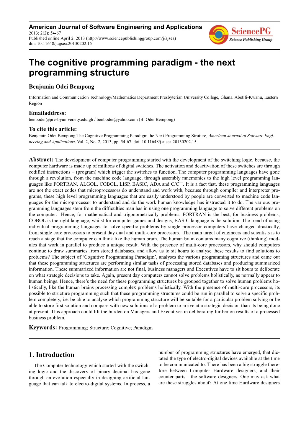 The Cognitive Programming Paradigm - the Next Programming Structure