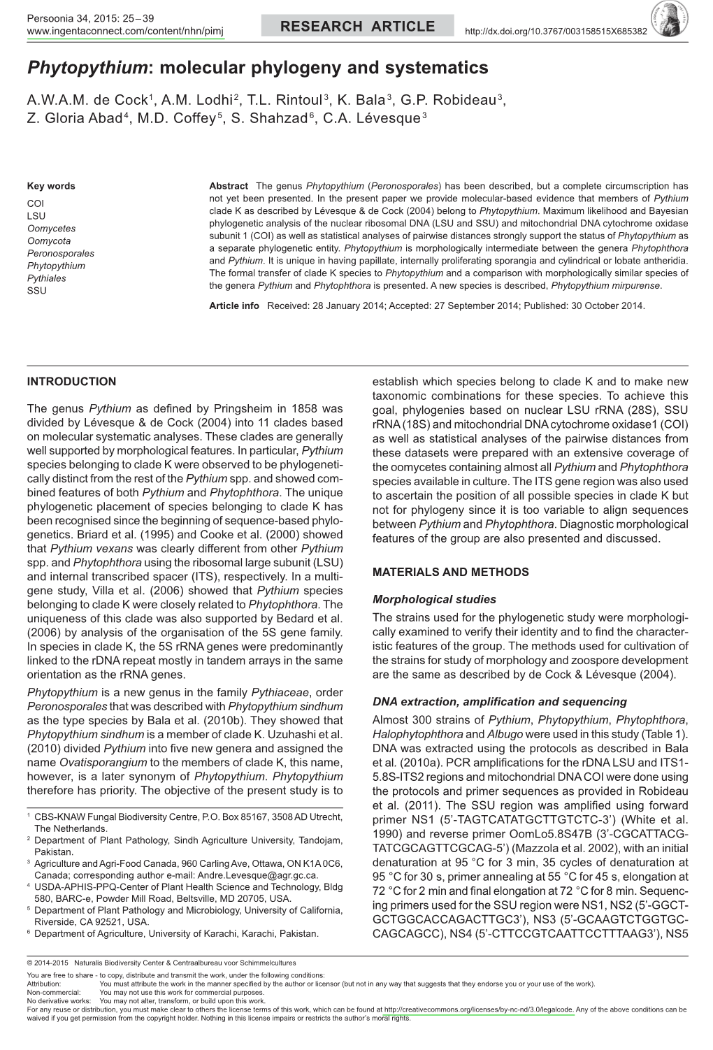 &lt;I&gt;Phytopythium&lt;/I&gt;: Molecular Phylogeny and Systematics