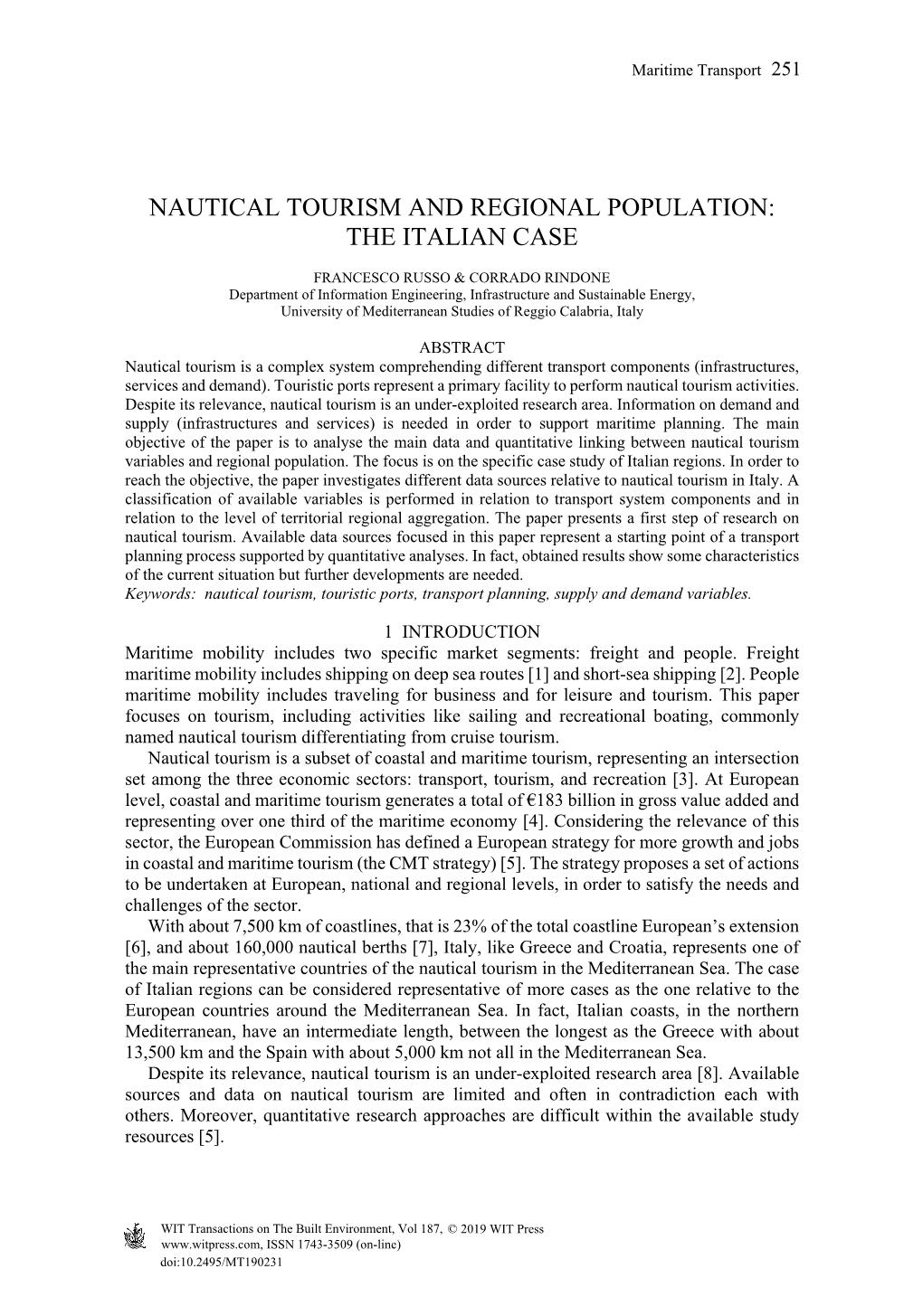 Nautical Tourism and Regional Population: the Italian Case