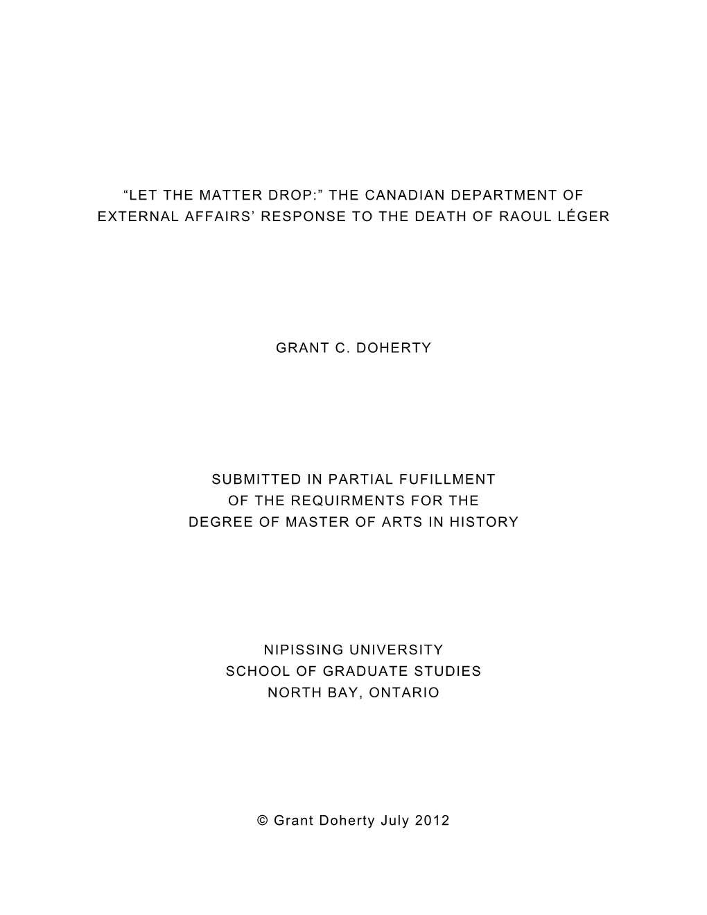 “Let the Matter Drop:” the Canadian Department of External Affairs’ Response to the Death of Raoul Léger