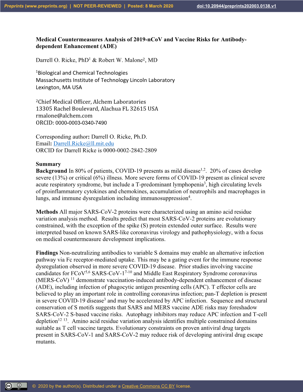 Medical Countermeasures Analysis of 2019-Ncov and Vaccine Risks for Antibody- Dependent Enhancement (ADE)