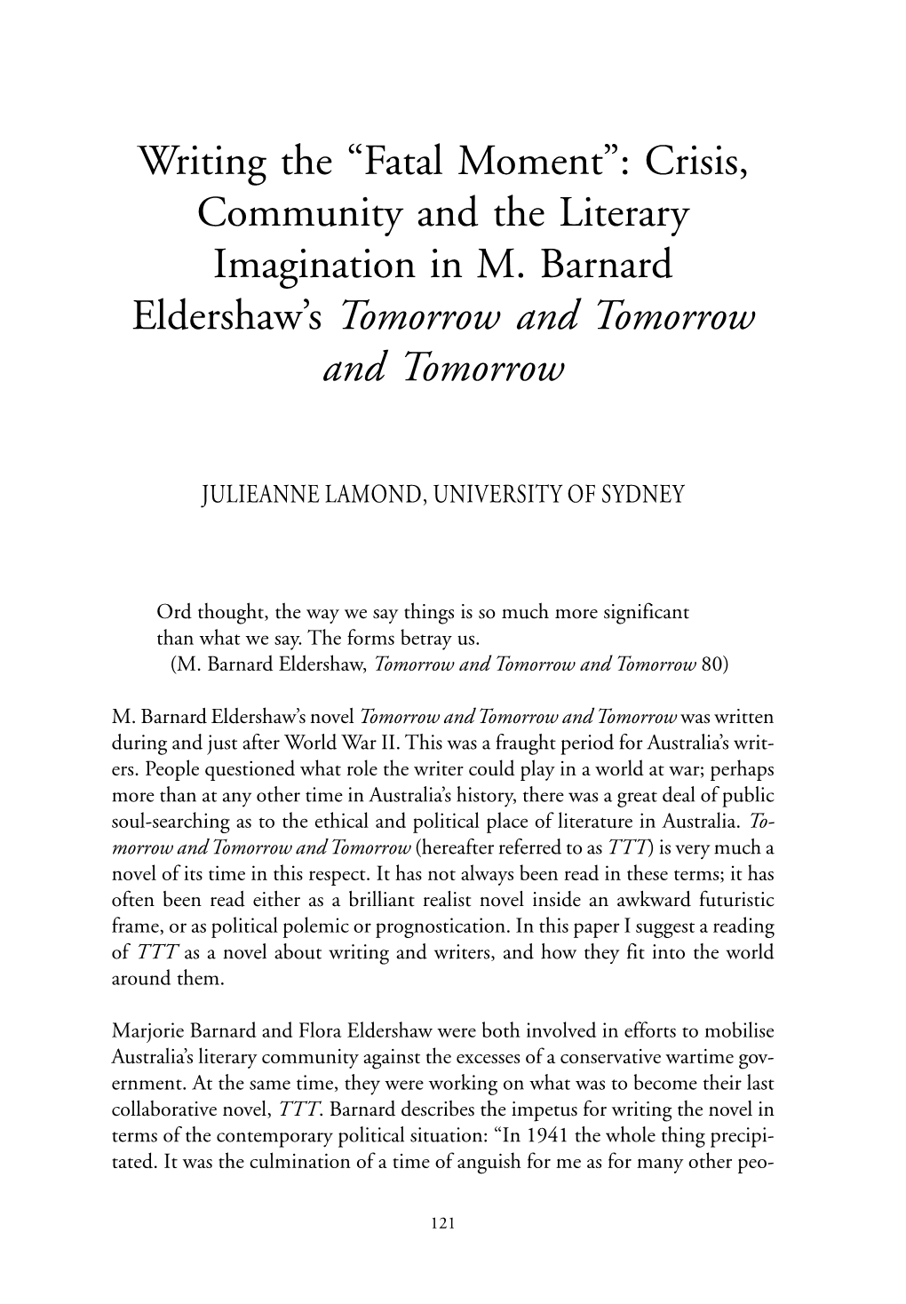 Crisis, Community and the Literary Imagination in M. Barnard Eldershaw's Tomorrow and Tomorrow