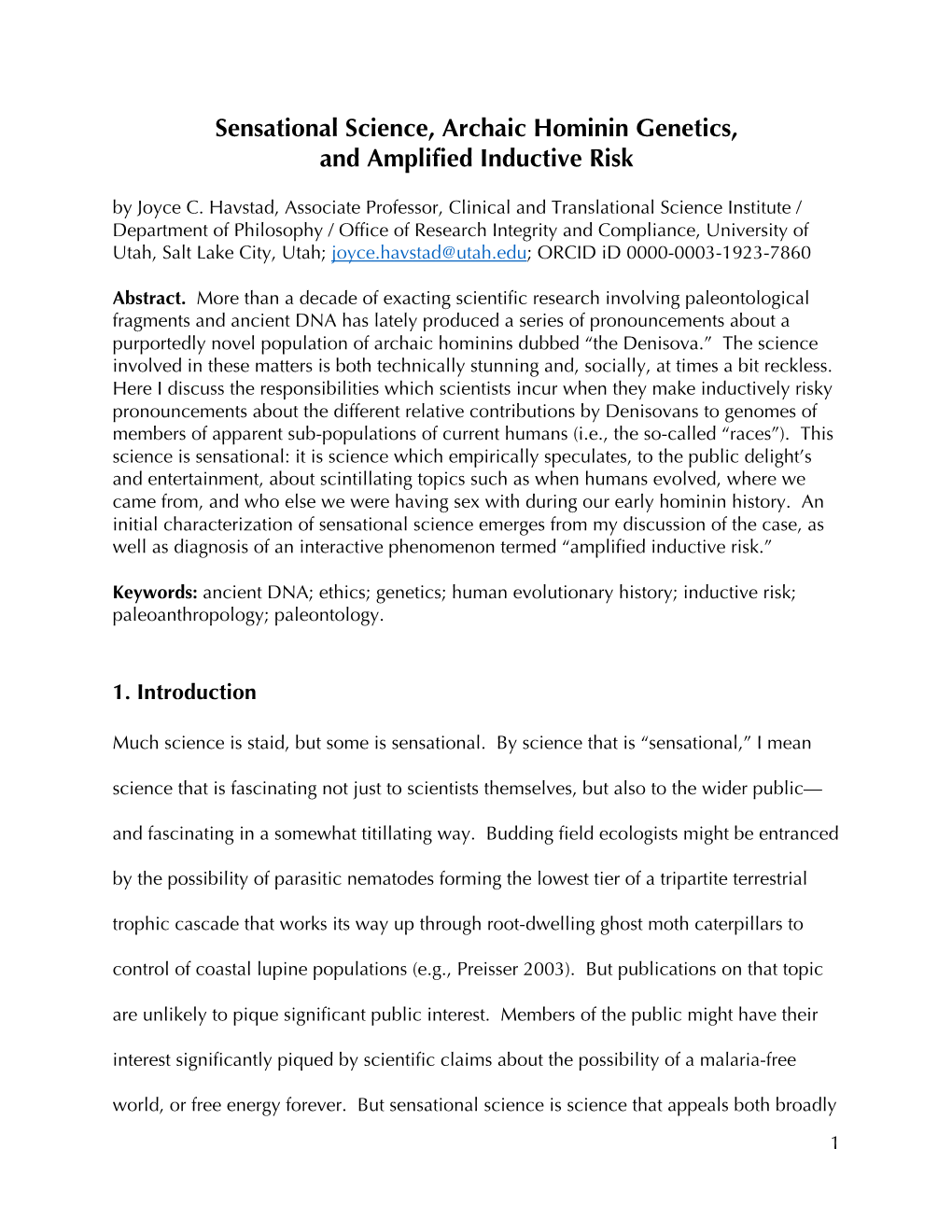 Sensational Science, Archaic Hominin Genetics, and Amplified Inductive Risk by Joyce C