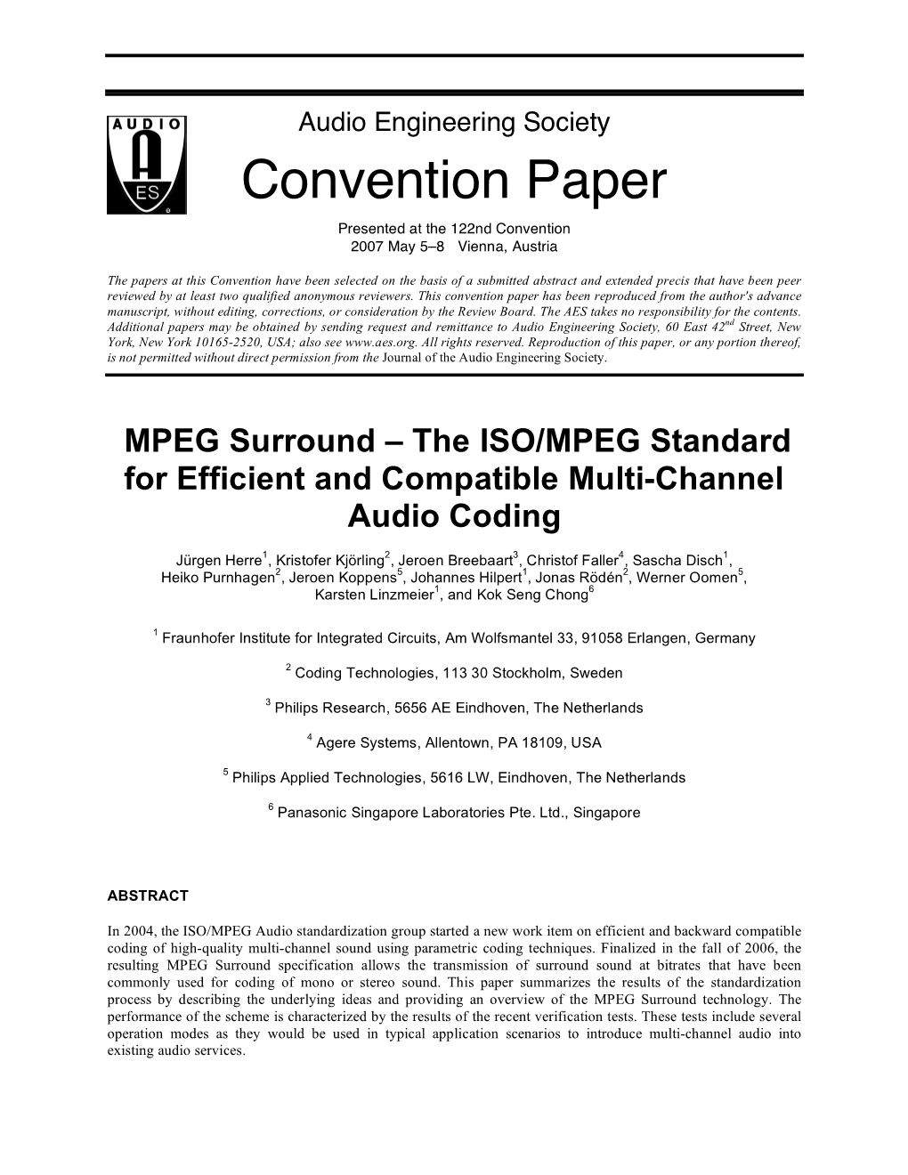 MPEG Surround – the ISO/MPEG Standard for Efficient and Compatible Multi-Channel Audio Coding