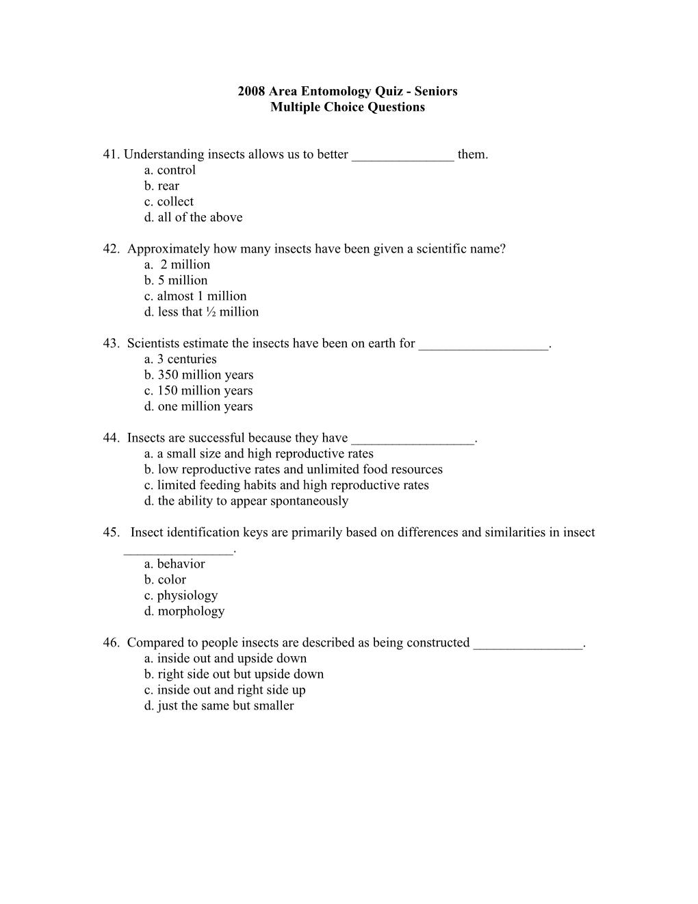 Multiple Choice Questions for County/Area 4-H/FFA Contest - 1998