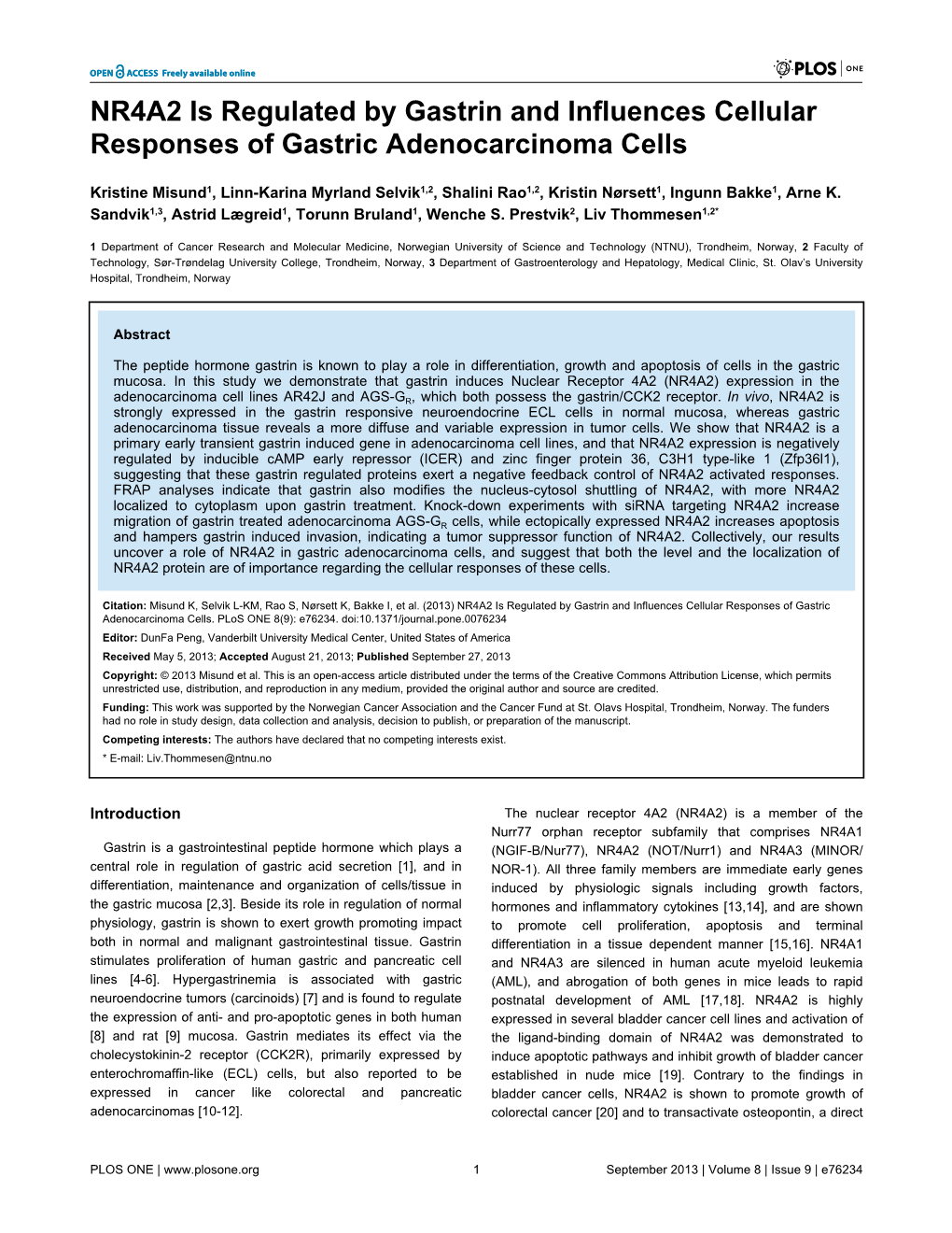 NR4A2 Is Regulated by Gastrin and Influences Cellular Responses of Gastric Adenocarcinoma Cells