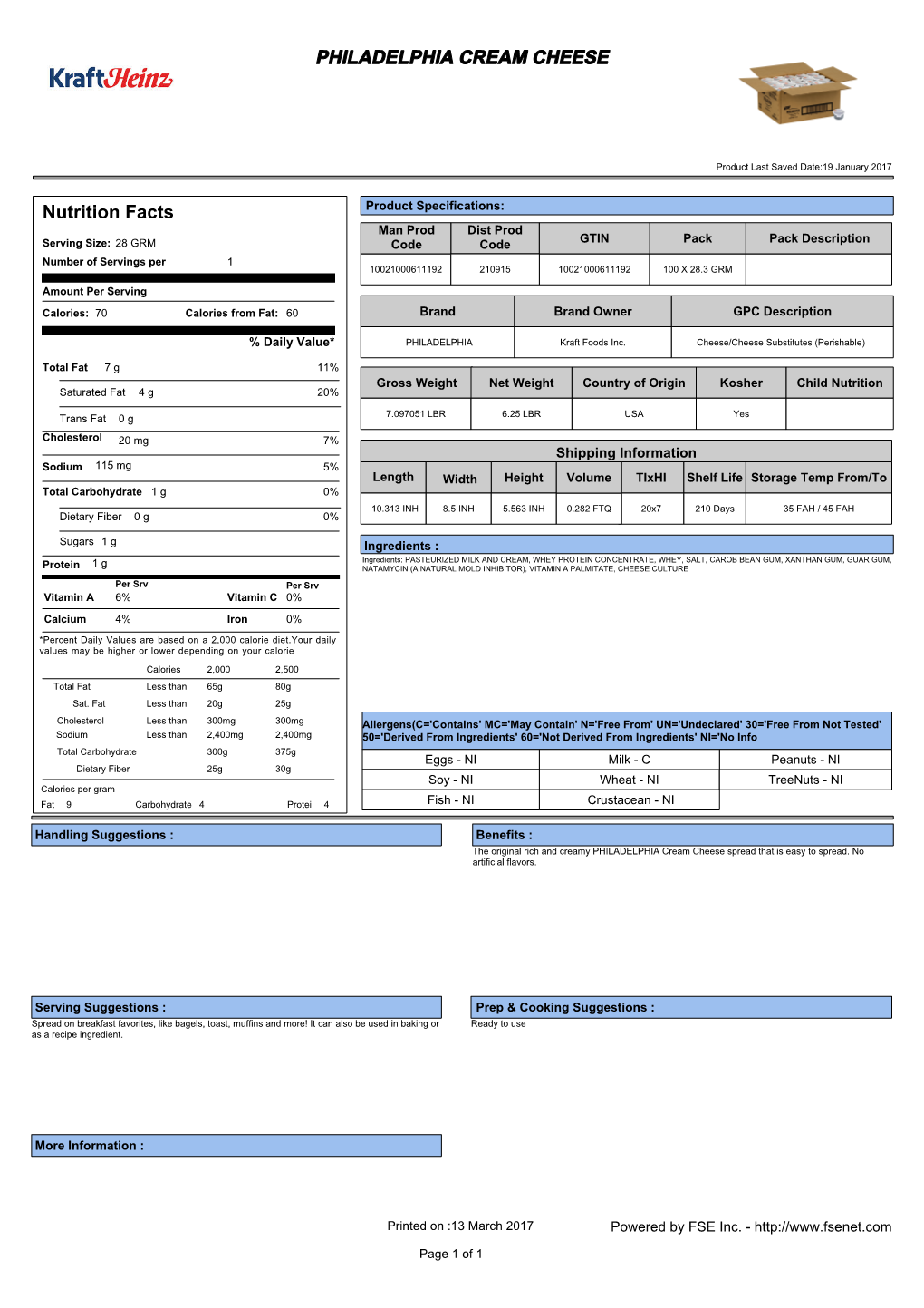 PHILADELPHIA CREAM CHEESE Nutrition Facts