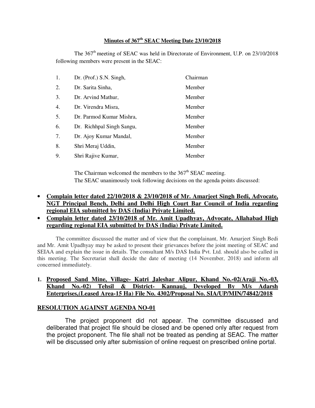 Minutes of 367Th SEAC Meeting Date 23/10/2018