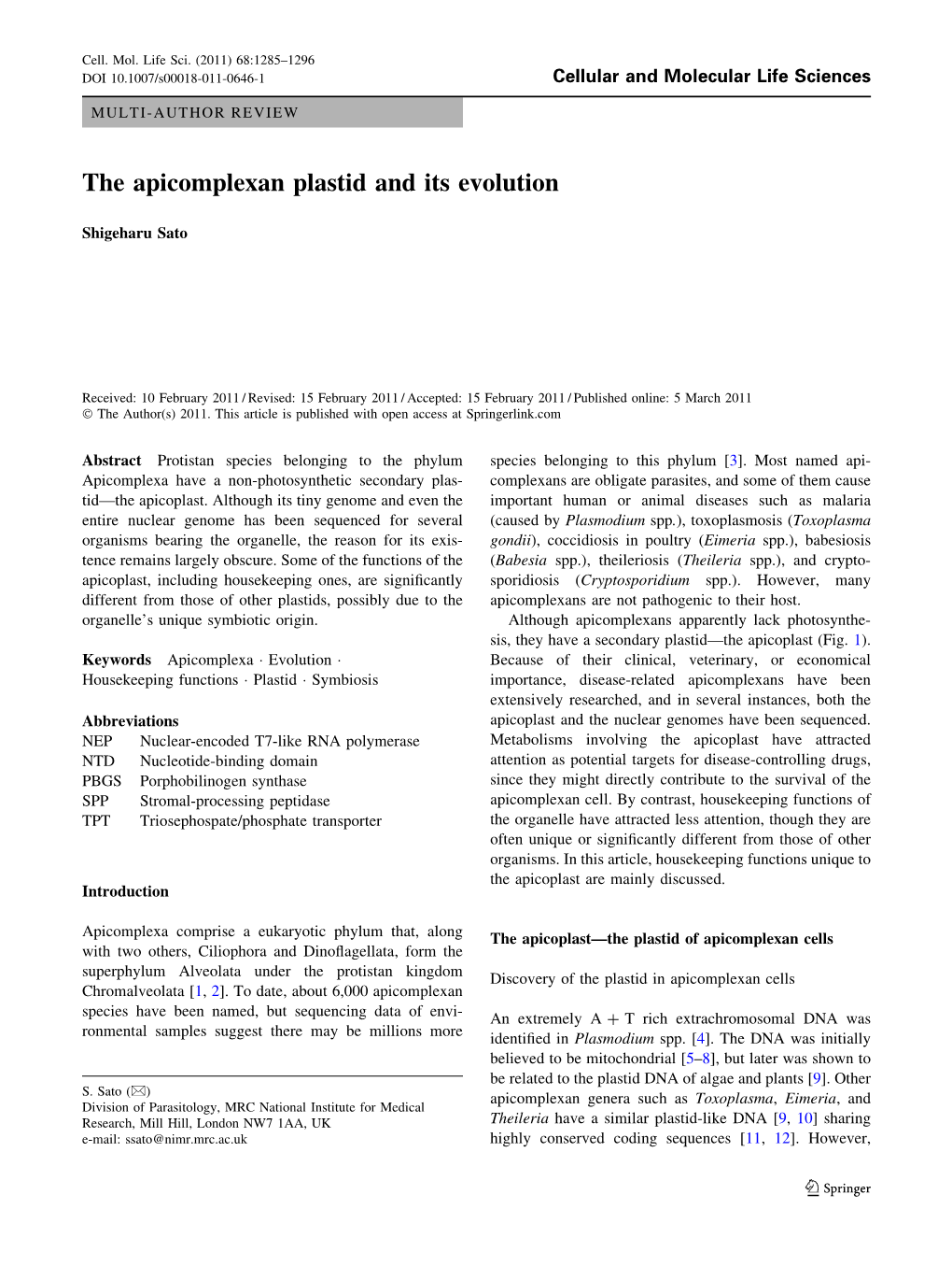 The Apicomplexan Plastid and Its Evolution