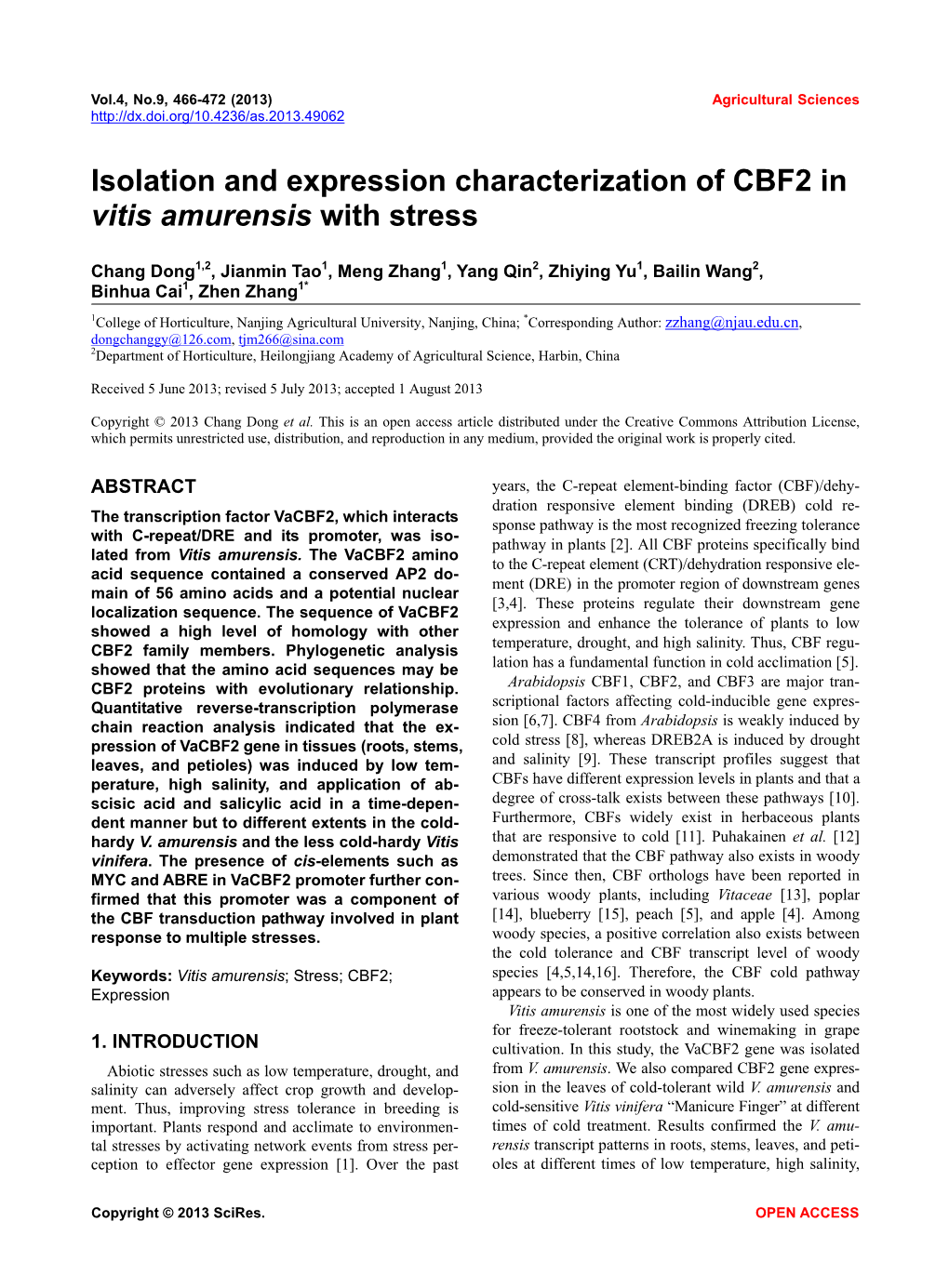 Isolation and Expression Characterization of CBF2 in Vitis Amurensis with Stress