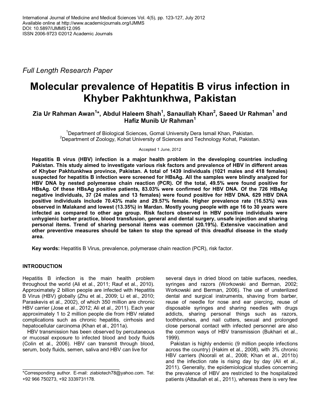 Molecular Prevalence of Hepatitis B Virus Infection in Khyber Pakhtunkhwa, Pakistan