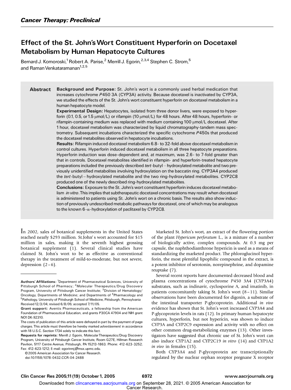 Effect of the St. John's Wort Constituent Hyperforin on Docetaxel Metabolism by Human Hepatocyte Cultures