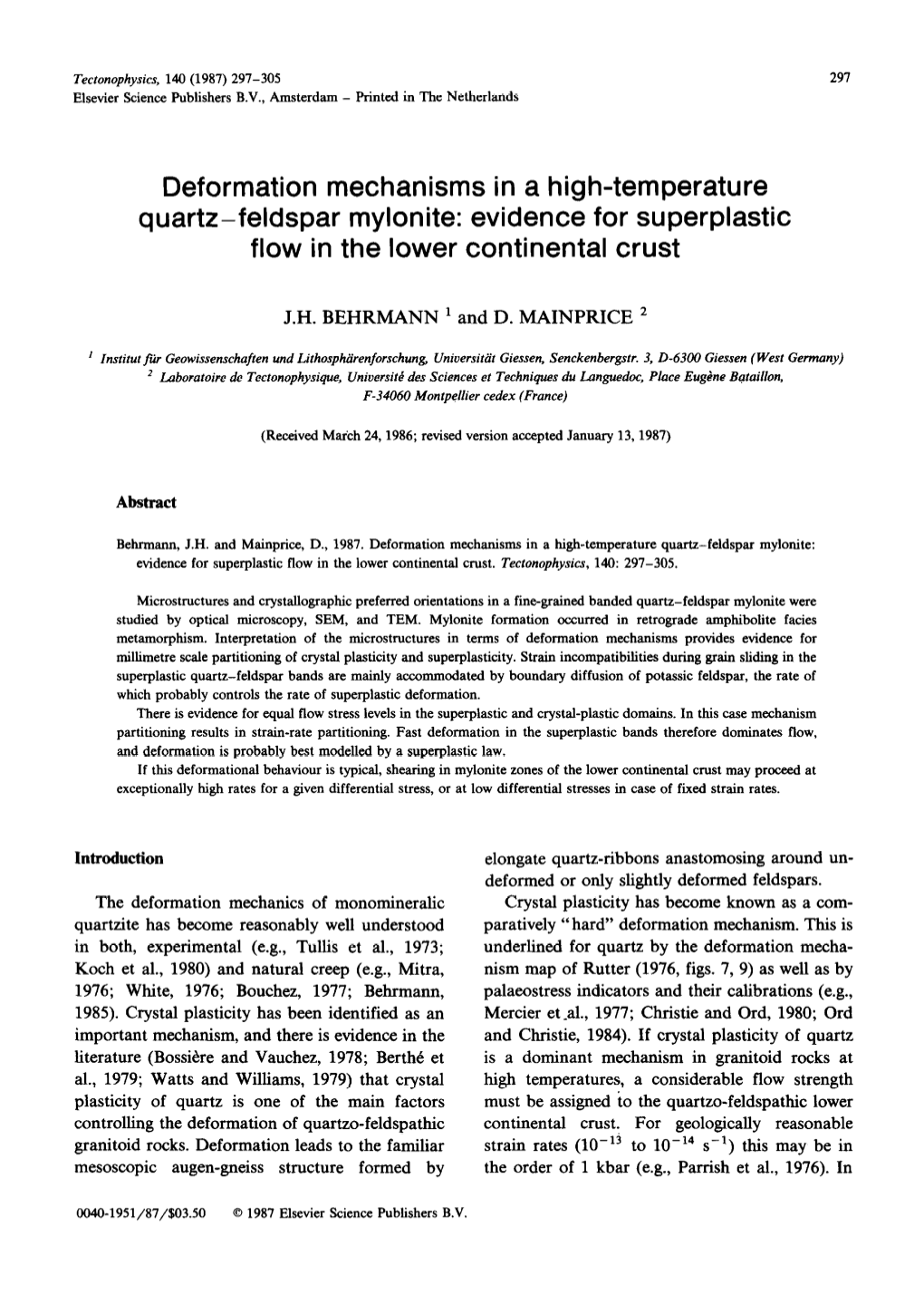 Deformation Mechanisms in a High-Temperature Quartz-Feldspar Mylonite: Evidence for Superplastic Flow in the Lower Continental Crust