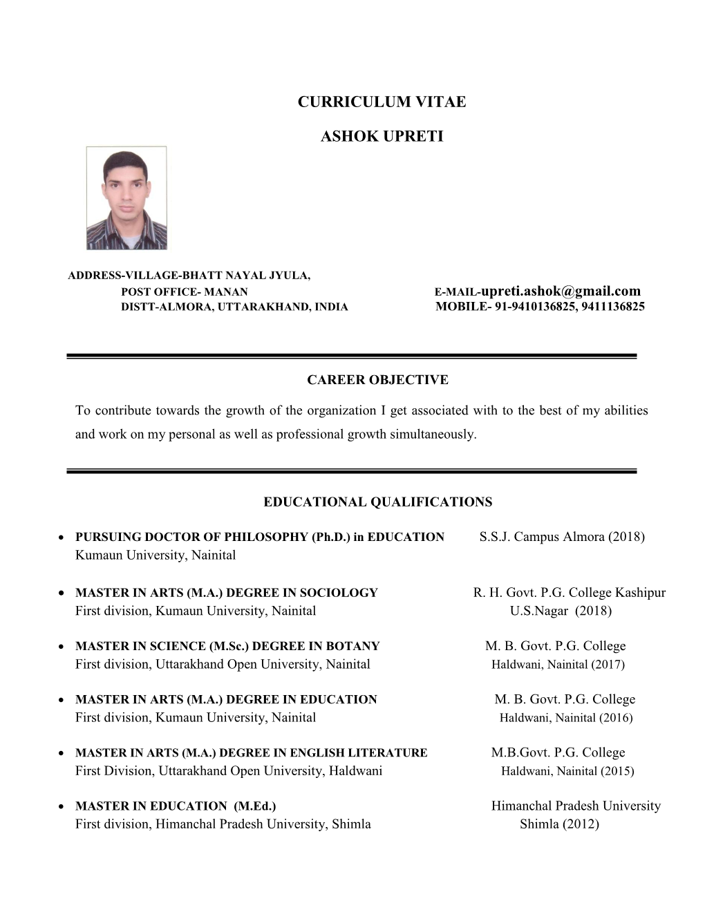 Curriculum Vitae Ashok Upreti