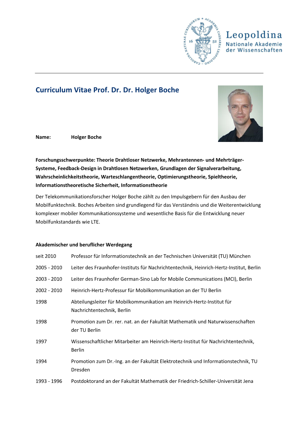 Curriculum Vitae Prof. Dr. Dr. Holger Boche