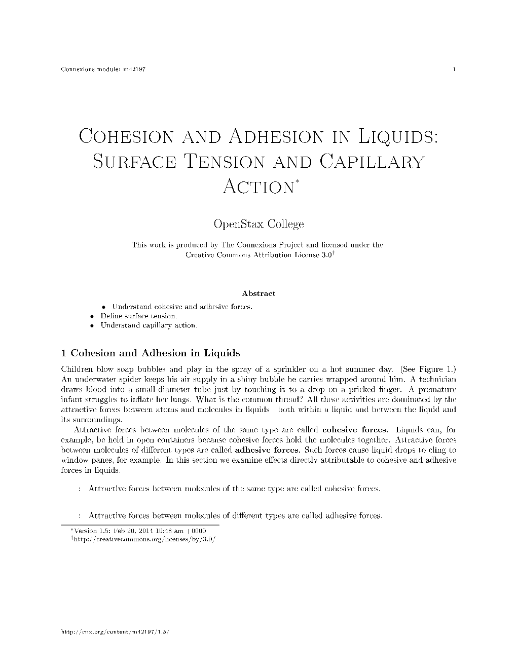 Cohesion and Adhesion in Liquids: Surface Tension and Capillary Action∗