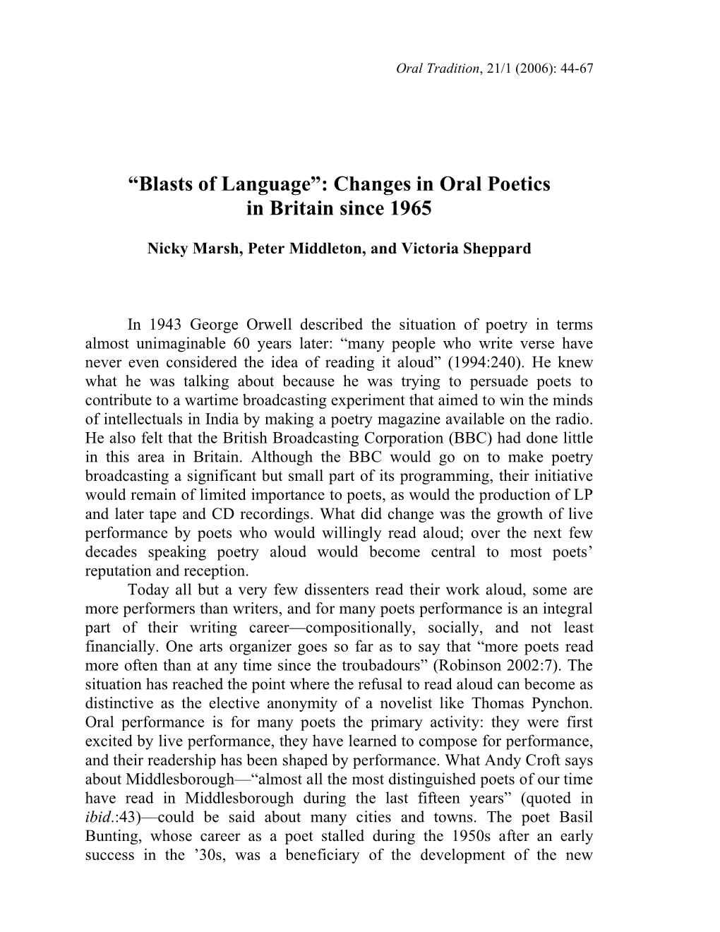 Changes in Oral Poetics in Britain Since 1965