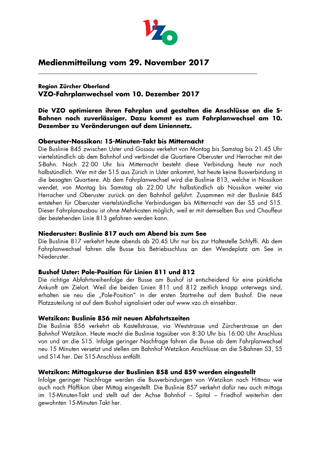 Medienmitteilung Vom 29. November 2017 ______