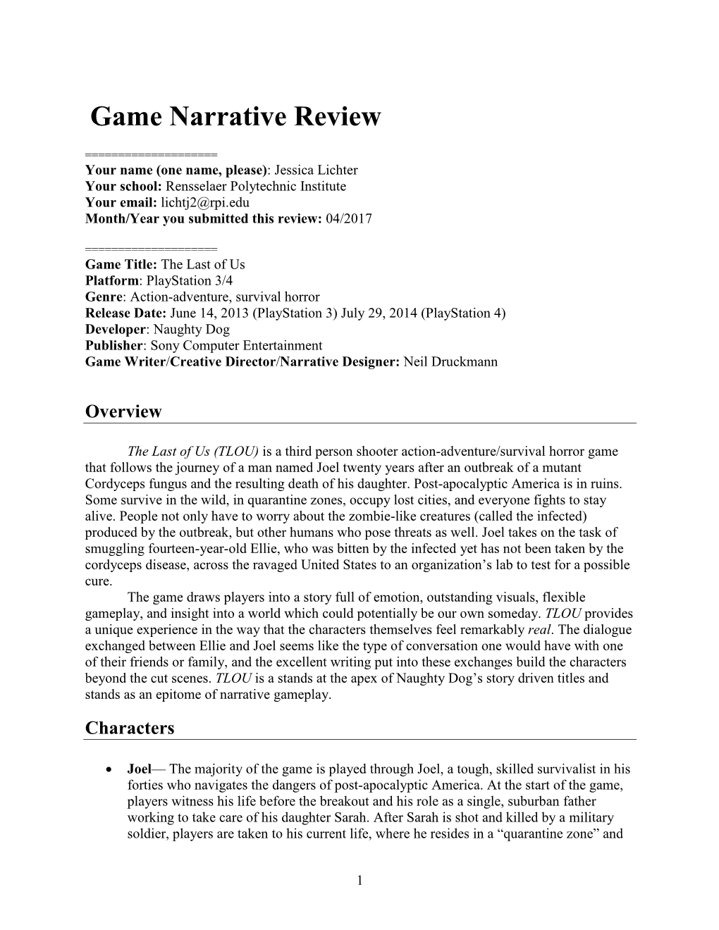 Game Narrative Review