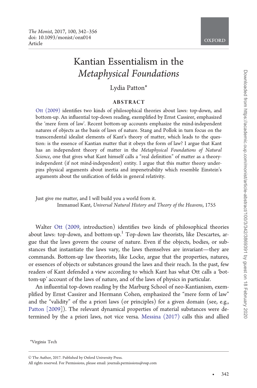 Kantian Essentialism in the Metaphysical Foundations