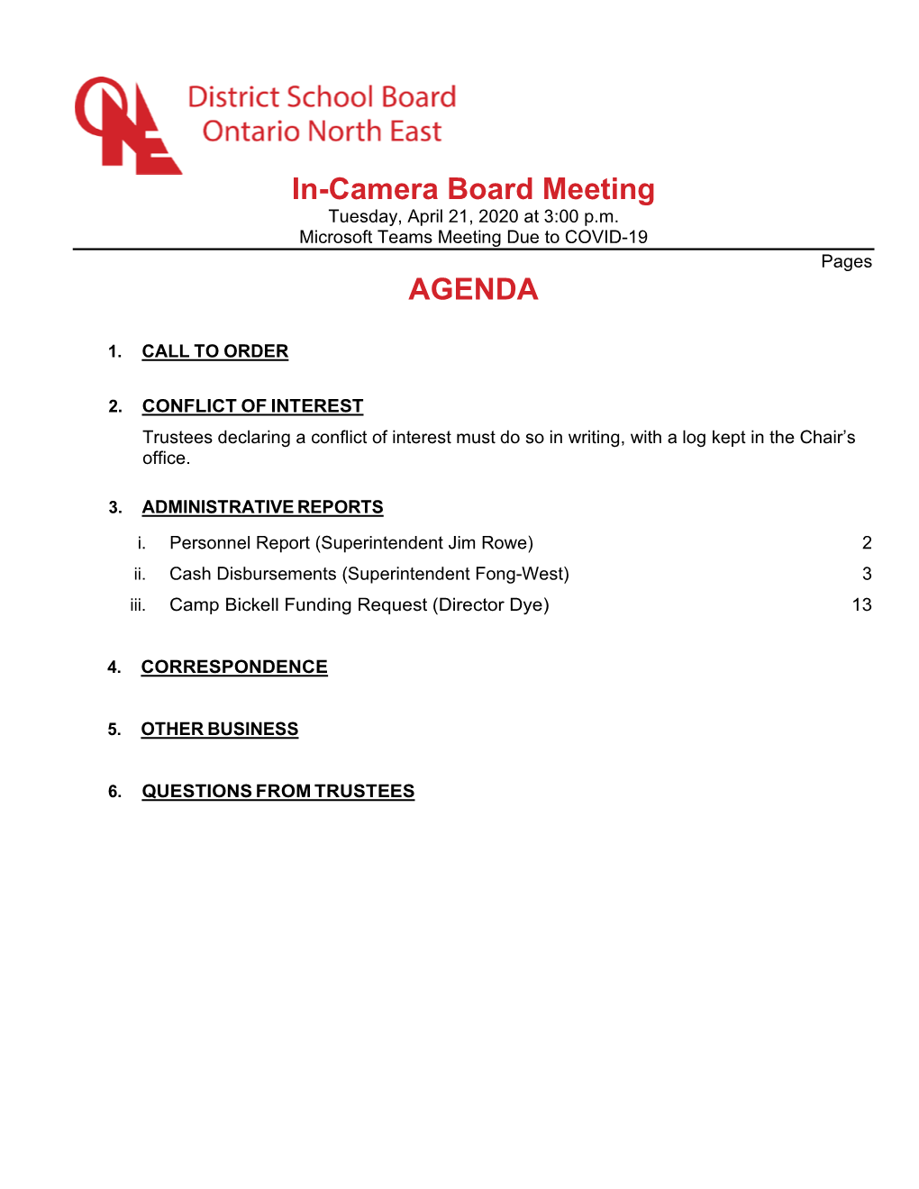 In-Camera Board Meeting AGENDA