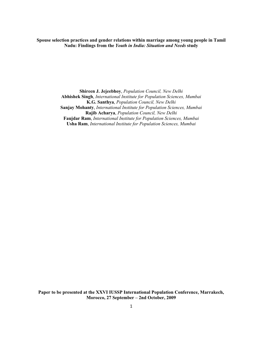 Spouse Selection Practices and Gender Relations Within Marriage Among Young People in Tamil Nadu: Findings from the Youth in India: Situation and Needs Study