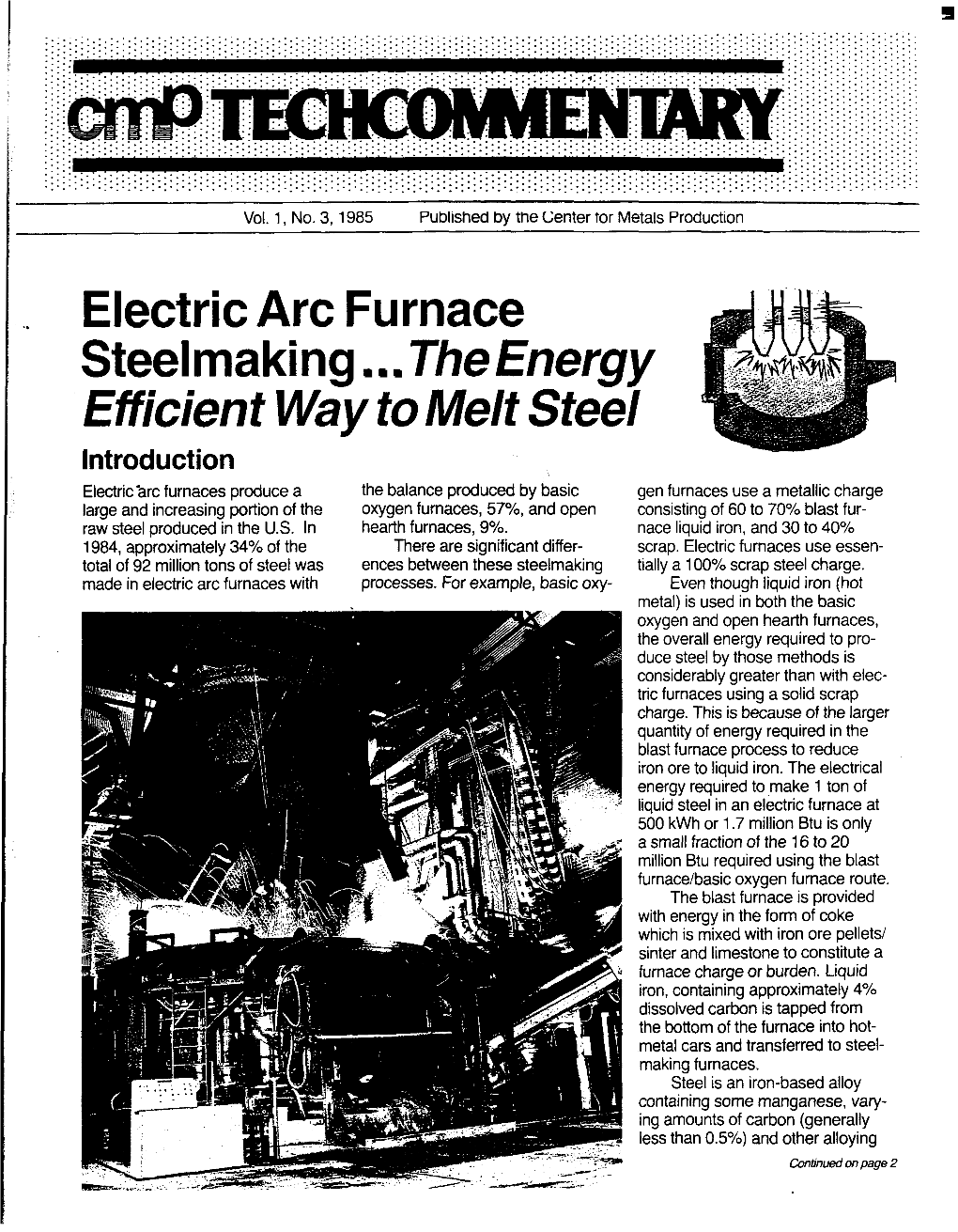 Electric Arc Furnace Steelmaking...The Energy Efficient Way to Melt Steel