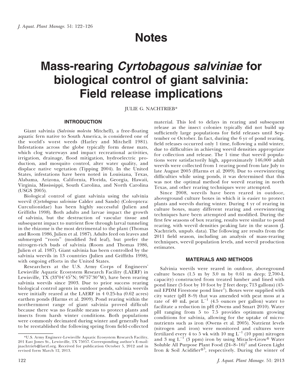 Notes Mass-Rearing Cyrtobagous Salviniae for Biological Control of Giant Salvinia: Field Release Implications