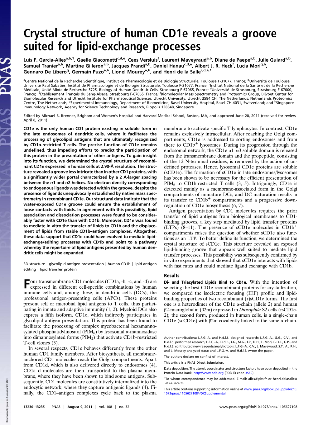 Crystal Structure of Human Cd1e Reveals a Groove Suited for Lipid-Exchange Processes