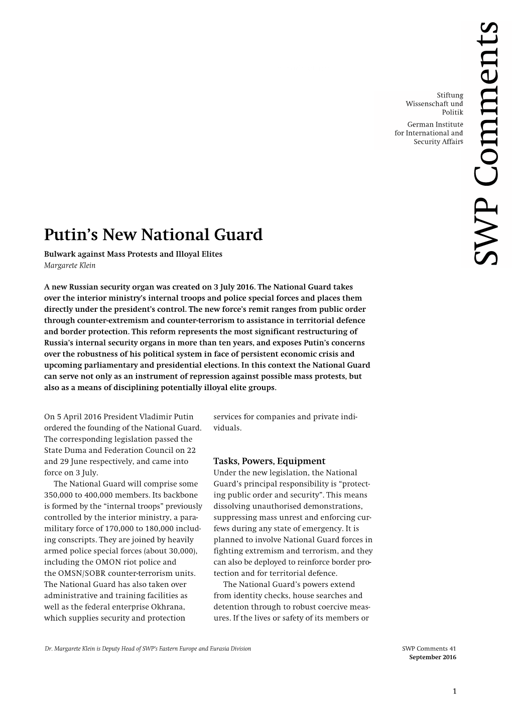 Putin's New National Guard. Bulwark Against Mass Protests and Illoyal