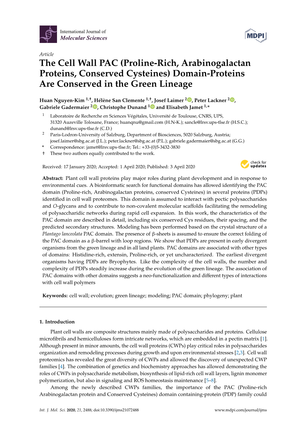 Proline-Rich, Arabinogalactan Proteins, Conserved Cysteines) Domain-Proteins Are Conserved in the Green Lineage