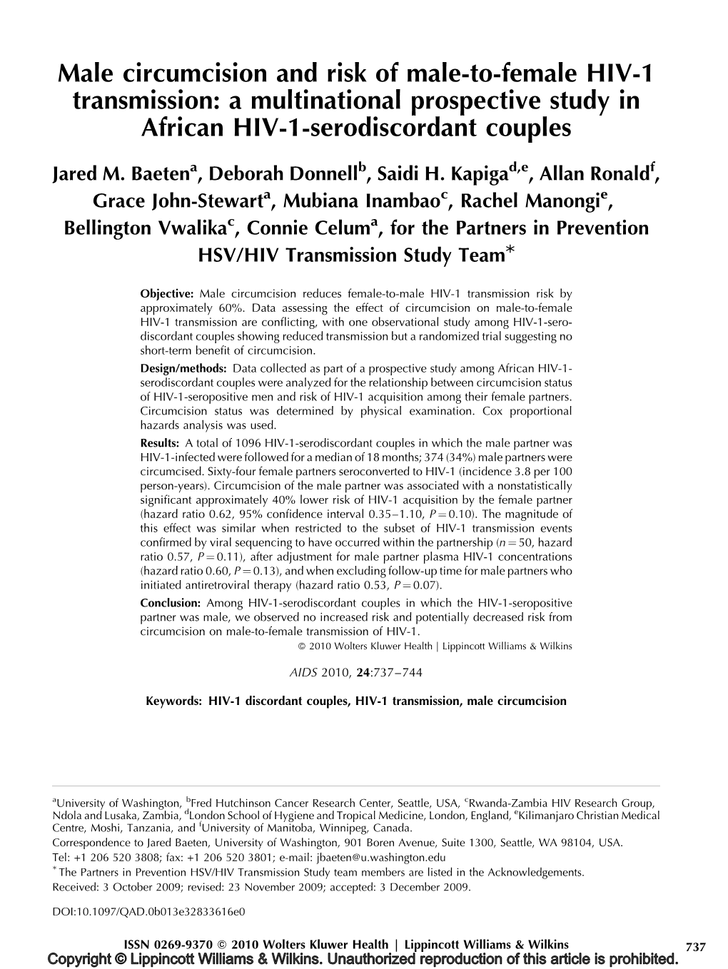 Male Circumcision and Risk of Male-To-Female HIV-1 Transmission: a Multinational Prospective Study in African HIV-1-Serodiscordant Couples