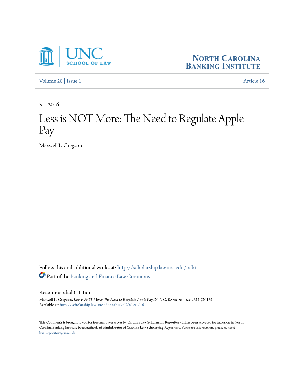 The Need to Regulate Apple Pay, 20 N.C