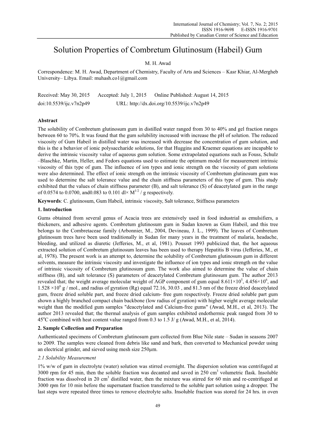 Solution Properties of Combretum Glutinosum (Habeil) Gum