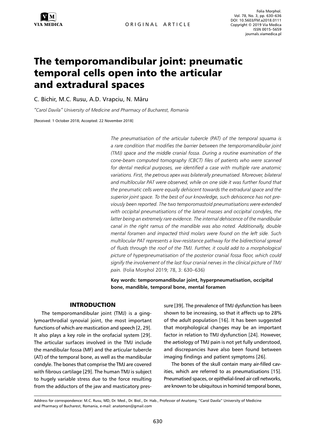 The Temporomandibular Joint: Pneumatic Temporal Cells Open Into the Articular and Extradural Spaces C