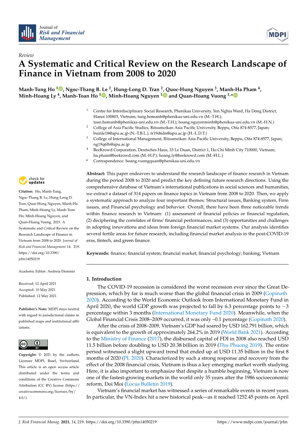 A Systematic and Critical Review on the Research Landscape of Finance in Vietnam from 2008 to 2020