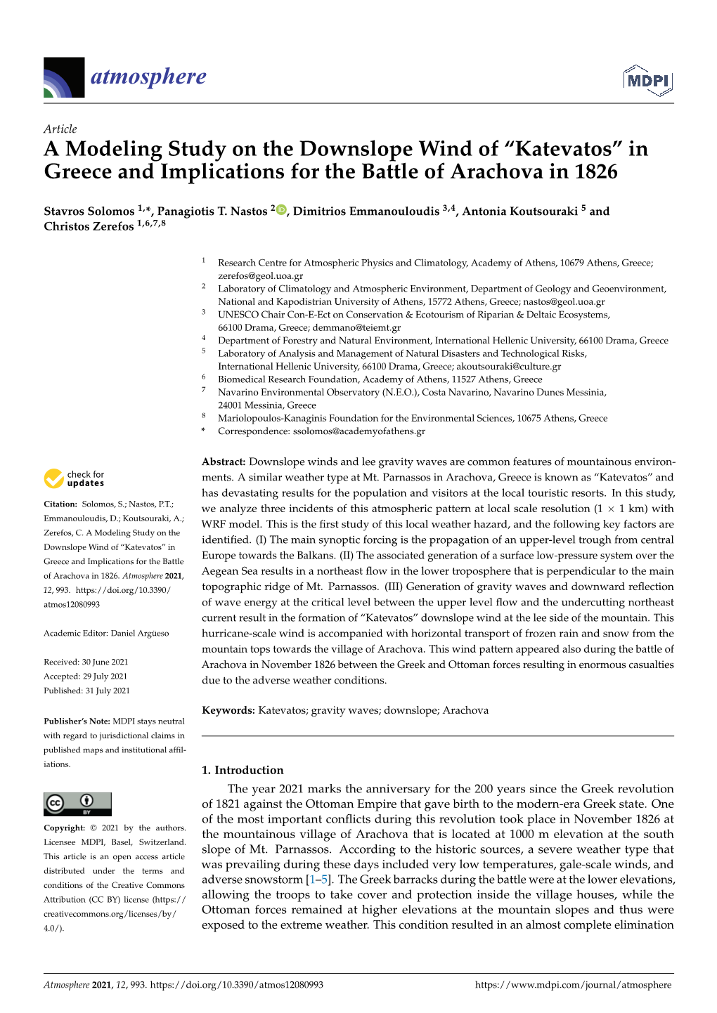 A Modeling Study on the Downslope Wind of “Katevatos” in Greece and Implications for the Battle of Arachova in 1826