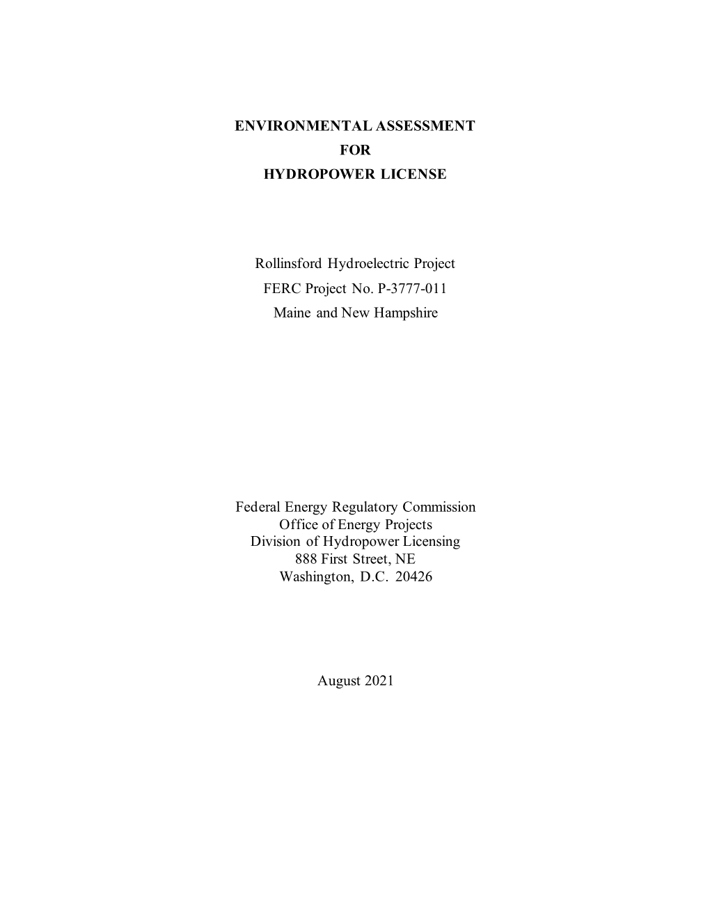 Environmental Assessment for Hydropower License