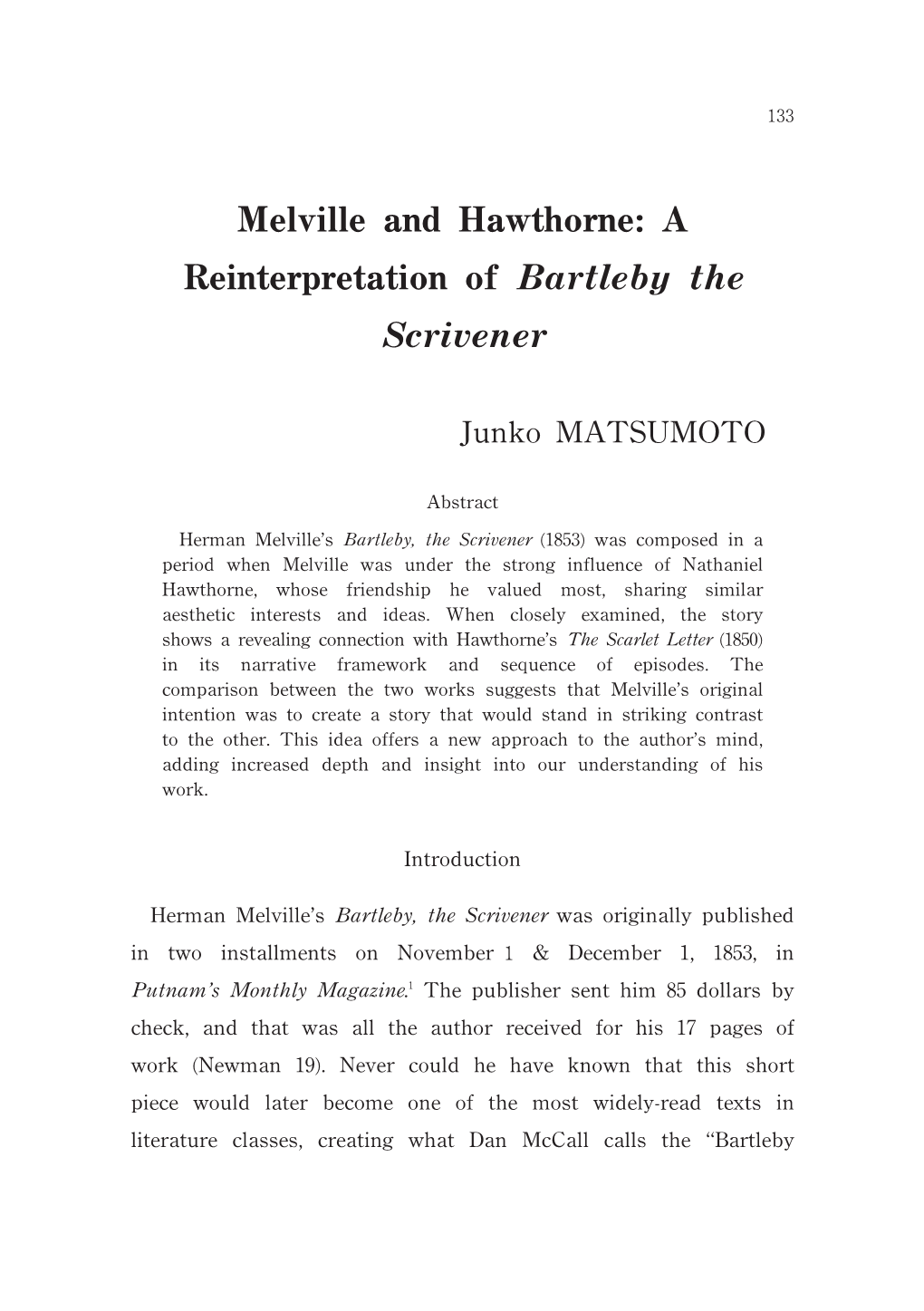 Melville and Hawthorne: a Reinterpretation of Bartleby the Scrivener