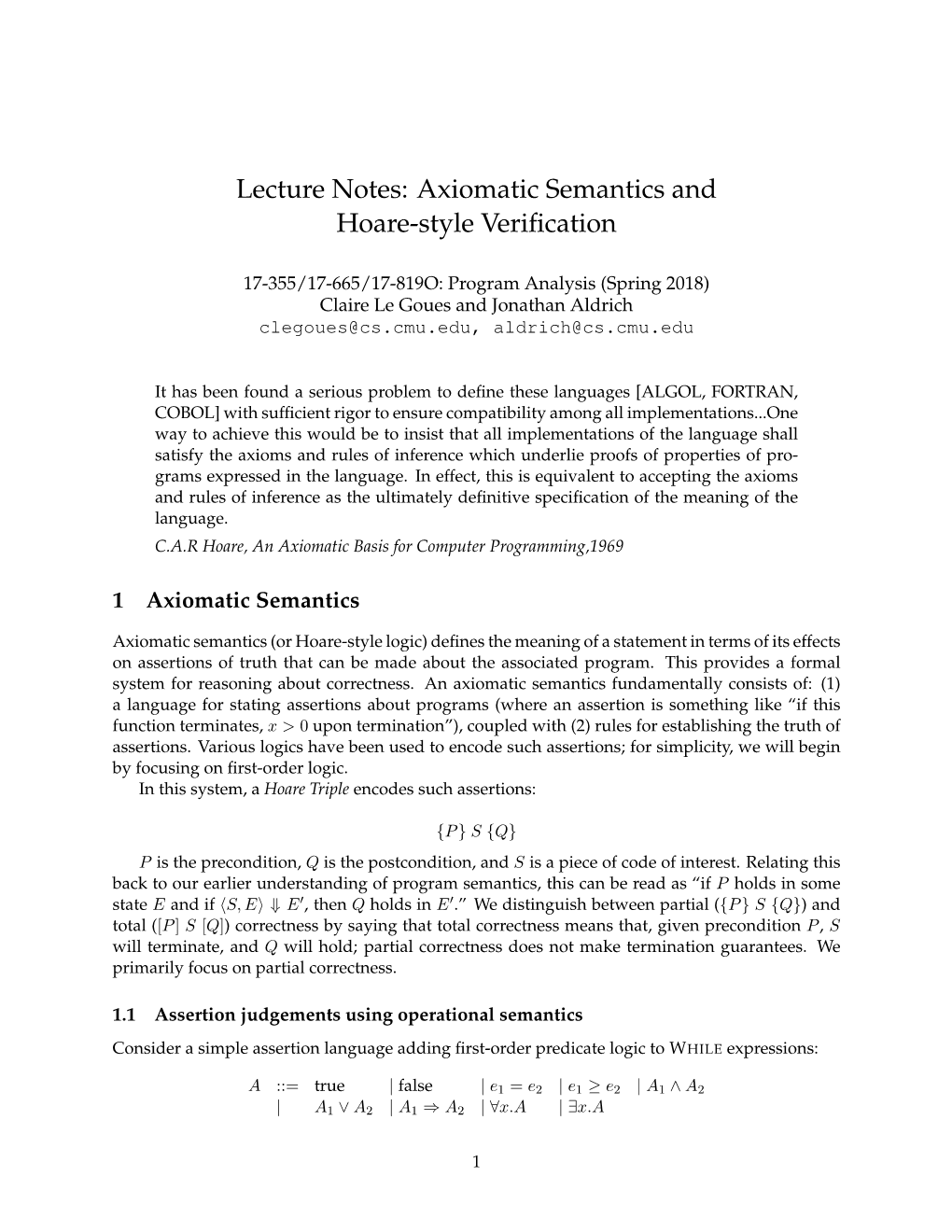 Lecture Notes: Axiomatic Semantics and Hoare-Style Verification